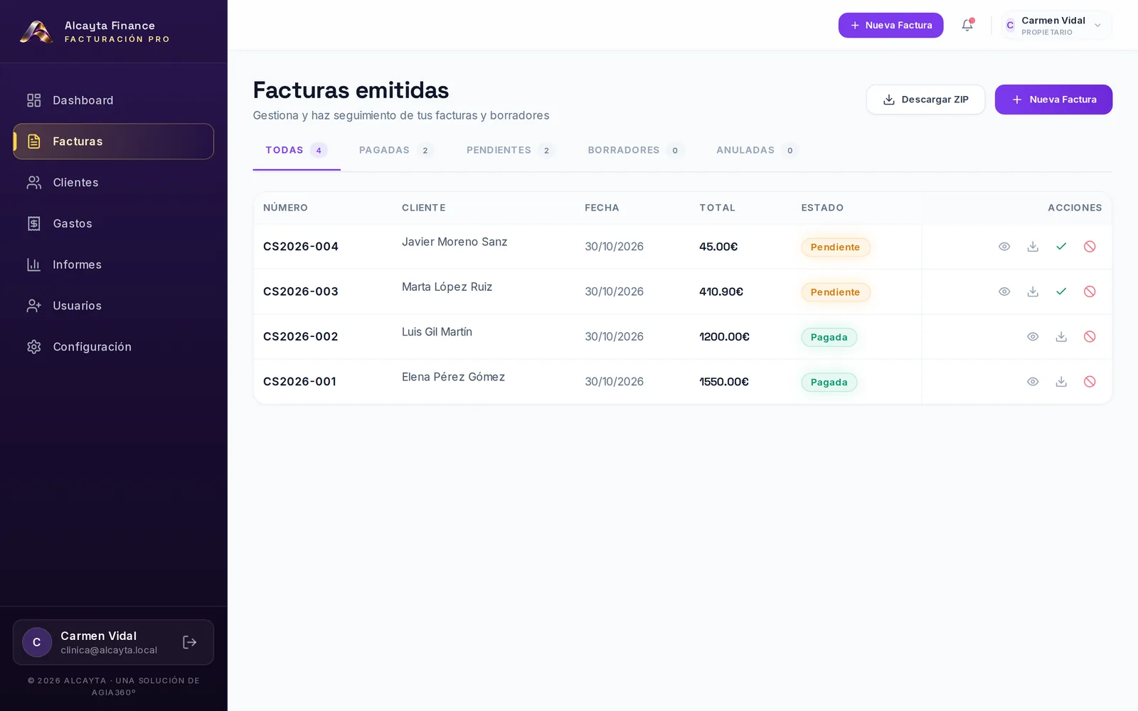 Lista de facturas emitidas con su número, cliente, fecha, total y estado pagada o pendiente
