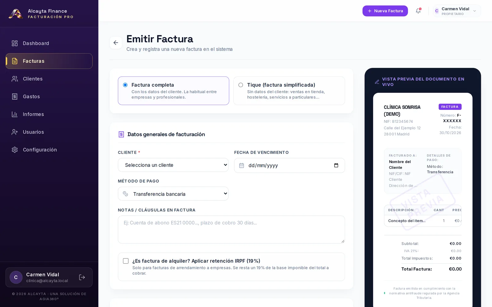 Formulario para emitir una factura con tipo de factura, cliente, vencimiento, método de pago y la vista previa del documento
