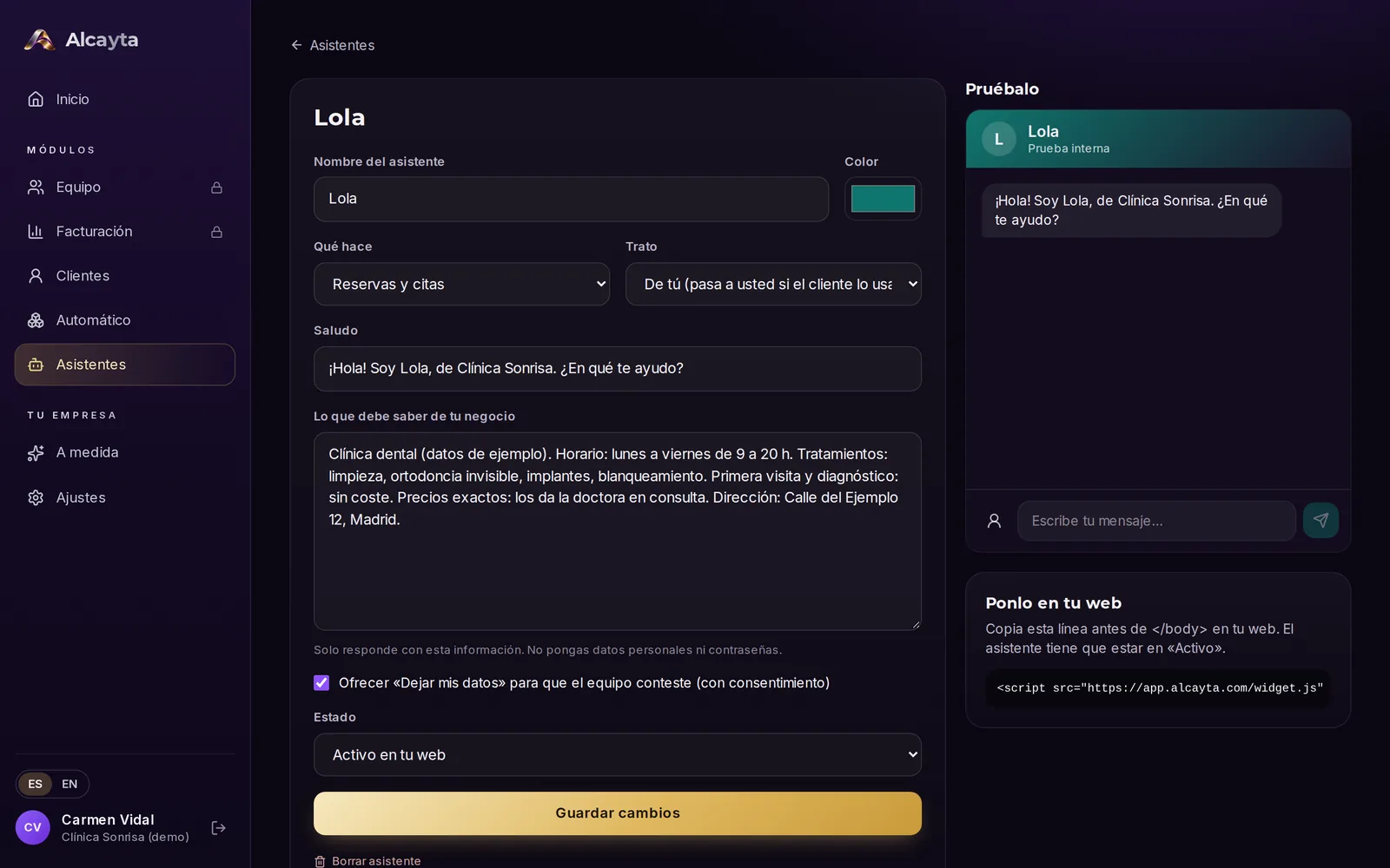 Configuración del asistente Lola: nombre, qué hace, trato, saludo, lo que debe saber del negocio, estado activo, chat de prueba y la línea para pegar en la web