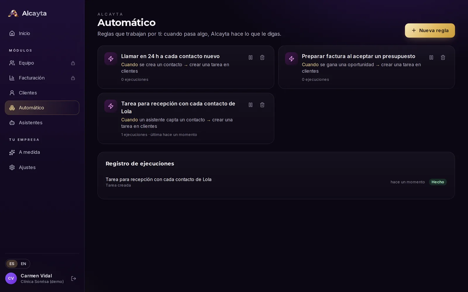 Pantalla de Automático con tres reglas activas y el registro de ejecuciones, donde la regla del asistente aparece como Hecho
