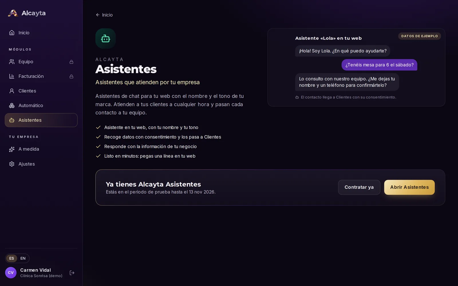 Ficha del módulo Asistentes en el escaparate de Alcayta, con el periodo de prueba activo y los botones Contratar ya y Abrir Asistentes