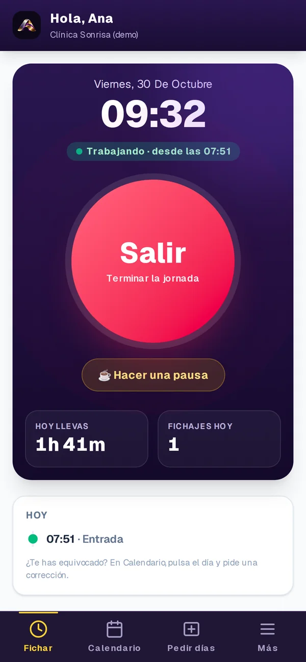 App del empleado: botón grande para salir, hacer una pausa y horas de hoy