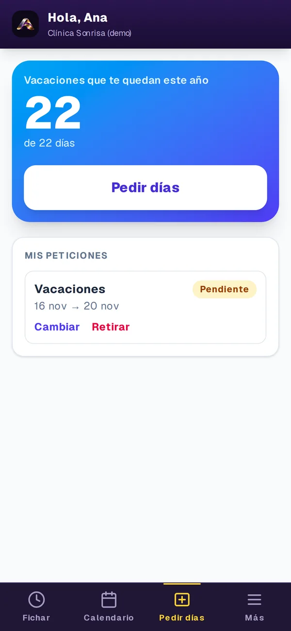 Pantalla Pedir días con las vacaciones que le quedan y una petición pendiente